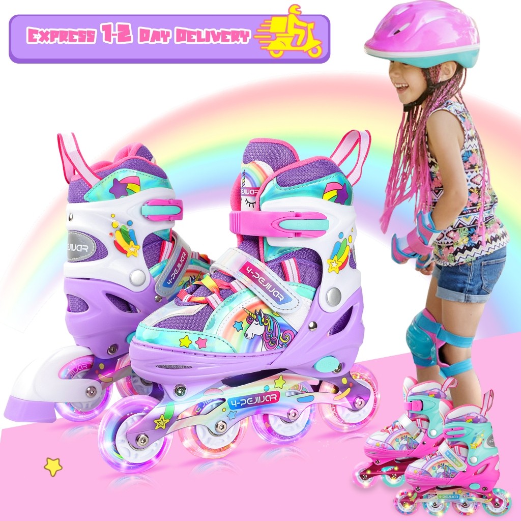 ยูนิคอร์นสายรุ้งอินไลน์สเก็ตสาหรับสาวๆเด็กขนาดปรับด้วยล้อเรืองแสงสาหรับผู้เริ่มต้นวัยรุ่นของขวัญคริสต์มาสและวันเกิ