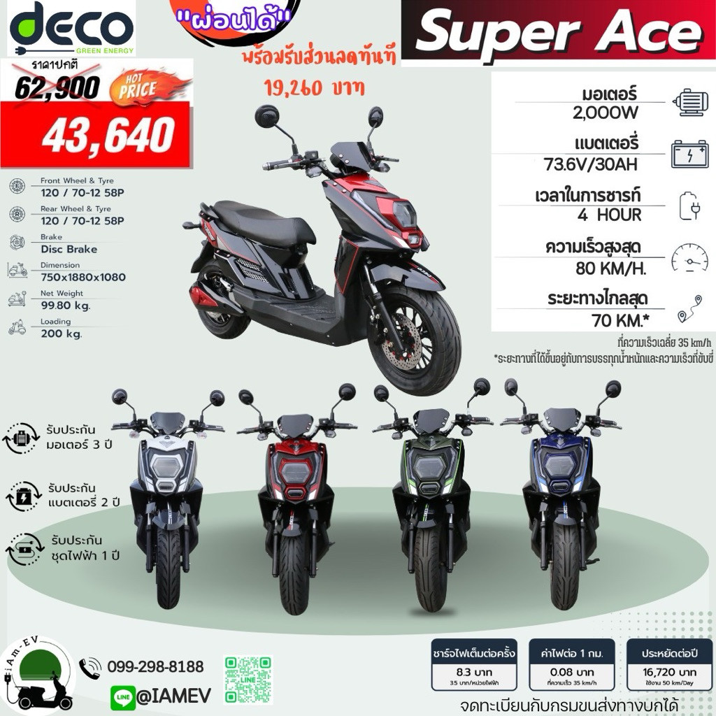 Deco SuperAce รุ่นใหม่ CBS มอเตอร์ไซค์ไฟฟ้า ฟรี ทะเบียนพรบ