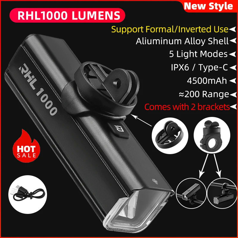 ROCKBROS Bicycle Light 1000Lumen TypeC Charging IPX6 Rechargeable Bike Front Light With Bike Computer Holder Bike Acces