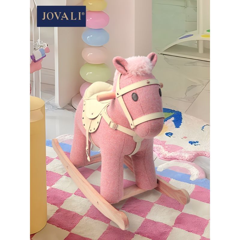 โจลี ไม้เนื้อแข็งม้าโยกเด็กสีชมพูโทรจันทารกแรกของขวัญวันเกิดของเล่นตกแต่งบ้านที่กาหนดเอง