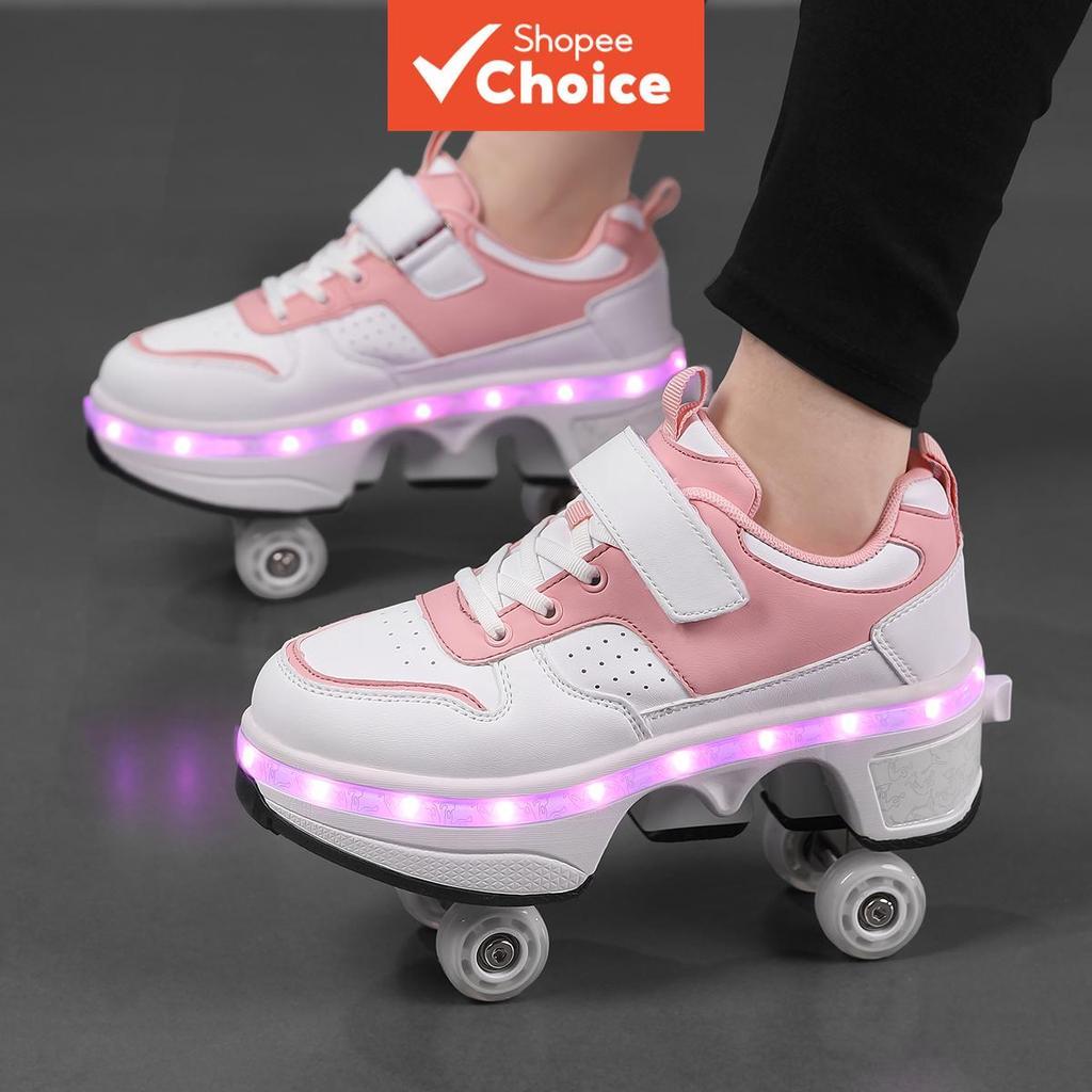 รองเท้าฮีลลี่เยาวชนที่ถอดออกได้ 2in1 รองเท้ากีฬา Street Cool รองเท้าสเก็ต USB ชาร์จ LED รองเท้าแสงเจ็ดสี FourSeason หนังโรลเลอร์สเก็ต